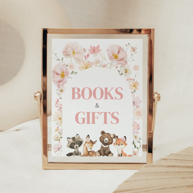 Pink Floral Woodland Animals Books and Gifts Poster (Pink Flower Woodland Animals Baby Shower Books and Gifts Sign)