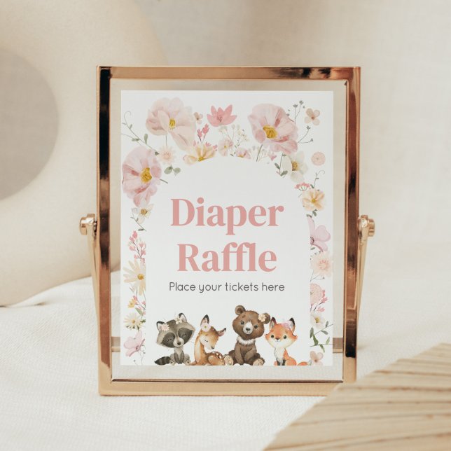 Pink Floral Woodland Animals Diaper Raffle Poster (Pink Flower Woodland Animals Baby Shower Diaper Raffle Sign)