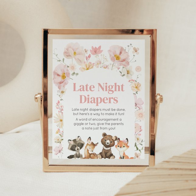 Pink Floral Woodland Animals Late Night Diapers Poster (Pink Flower Woodland Animals Baby Shower Late Night Diapers Sign)