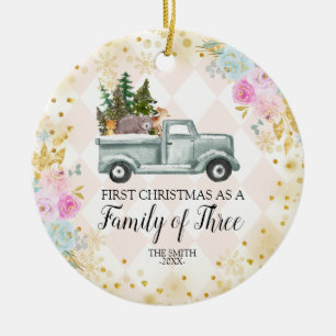 Pink Floral Woodland Christmas Family of three Ceramic Ornament