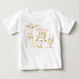 Pink Floral Woodland First Birthday T-Shirt