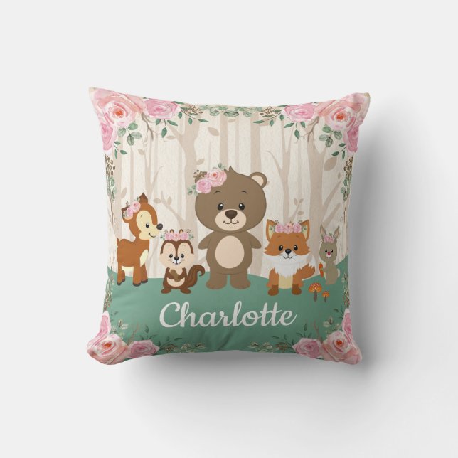 Pink Floral Woodland Forest Animals Nursery Throw Pillow (Front)