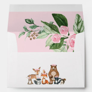 Pink Floral Woodland Forest Animals Return Address Envelope