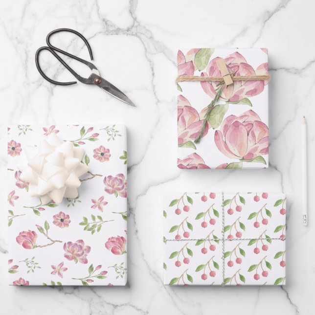 Pink Floral Wrapping Paper Flat Sheet Set of 3 (Front)