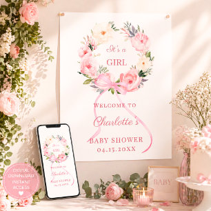 Pink floral wreath Baby Shower welcome Poster