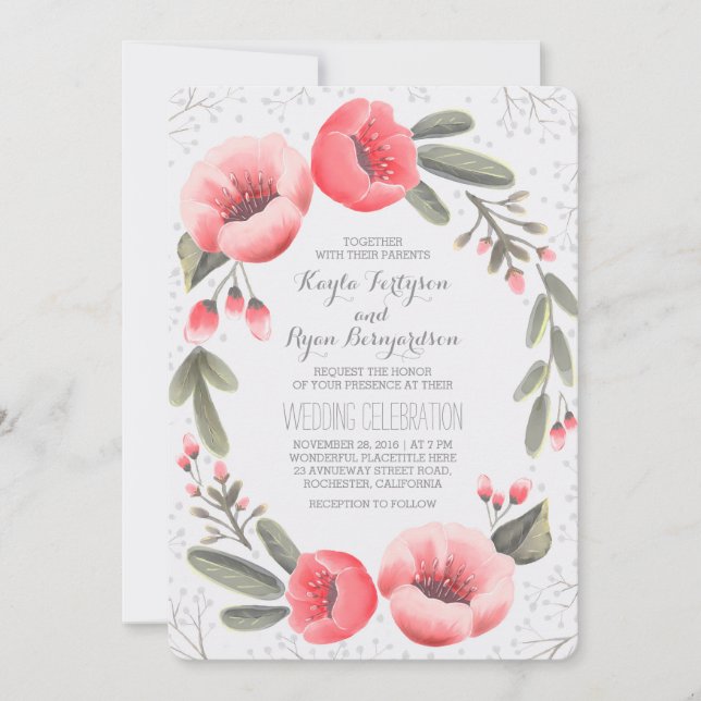 Pink Floral Wreath Baby's Breath Wedding Invitation (Front)
