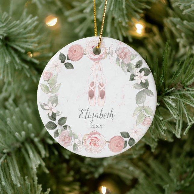 Pink Floral Wreath Ballet Slippers Personalized Ceramic Ornament (Tree)