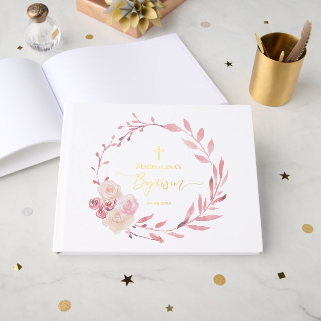 pink floral wreath Baptism Guest Book (Front Open)