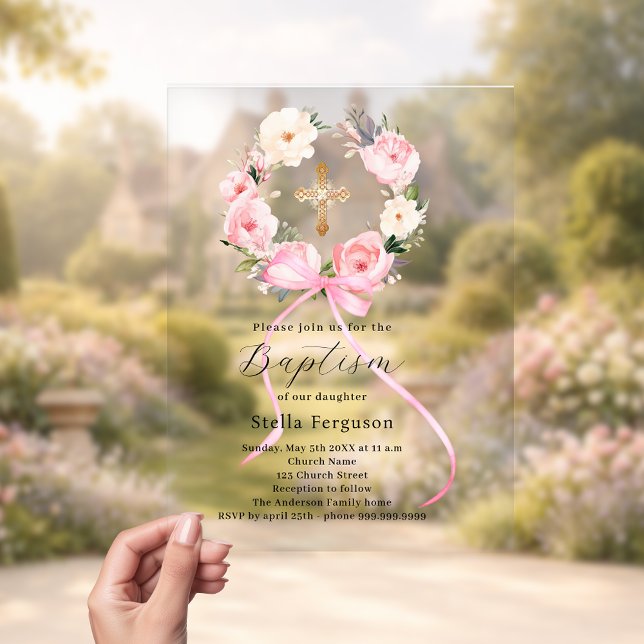 Pink floral wreath bow cross girl baptism clear acrylic invitations (Creator Uploaded)