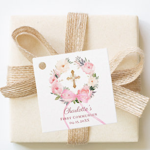 Pink floral wreath bow First Communion DIY Favour Tags
