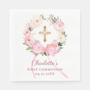 Pink floral wreath bow First Communion luncheon Napkin