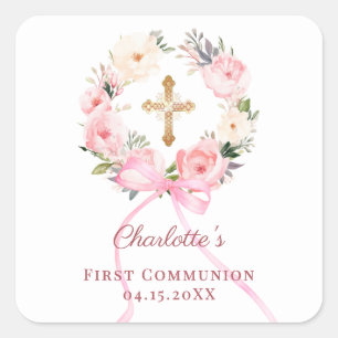 Pink floral wreath bow First Communion Square Sticker