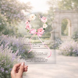 Pink floral wreath bow girl arch Baby Shower Acrylic Invitations