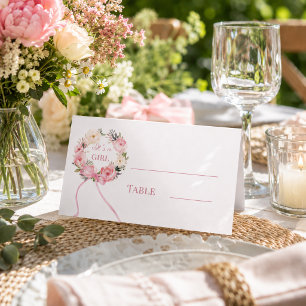 Pink floral wreath bow ribbon girl Baby Shower Place Card