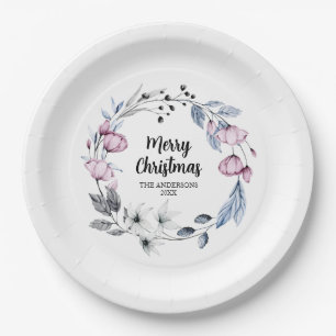 Pink Floral Wreath Christmas Paper Plate