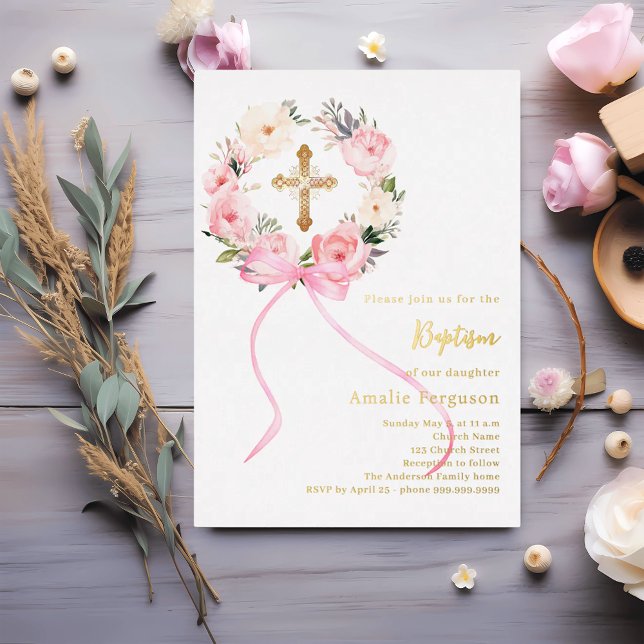 Pink floral wreath cross bow girl baptism (Creator Uploaded)