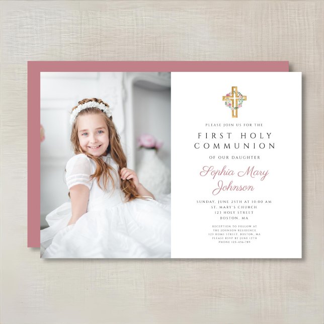 Pink Floral Wreath Cross Girl First Communion Invitation (Pink Floral Wreath Cross Girl First Communion Invitation)