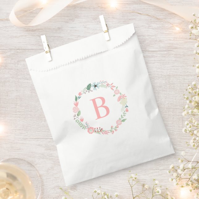Pink Floral Wreath Custom Monogram Favour Bag (Clipped)