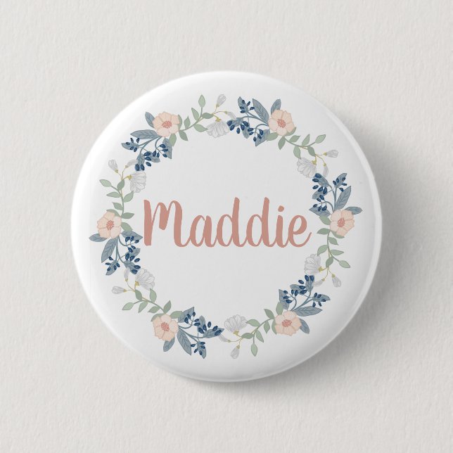 Pink Floral Wreath Custom Name Badge 2 Inch Round Button (Front)