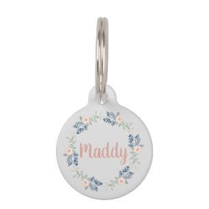 Pink Floral Wreath Custom Name Dog Cat Pet ID Tag