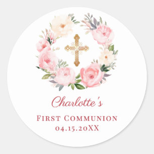 Pink floral wreath First Communion Classic Round Sticker