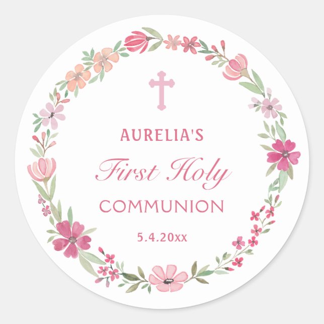 Pink Floral Wreath First Communion Classic Round Sticker (Front)