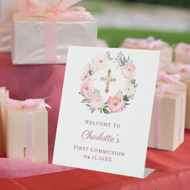 Pink floral wreath First Communion welcome Pedestal Sign (Creator Uploaded)