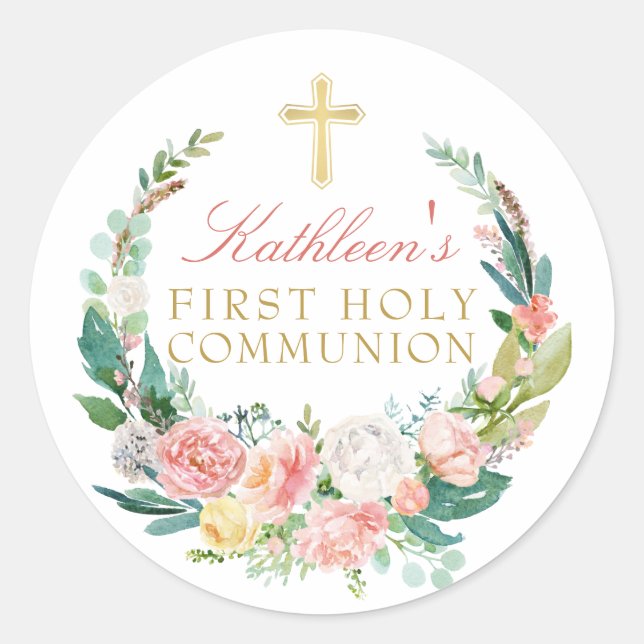 Pink Floral Wreath First Holy Communion Classic Round Sticker (Front)