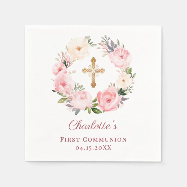 Pink floral wreath girl First Communion Napkin (Front)