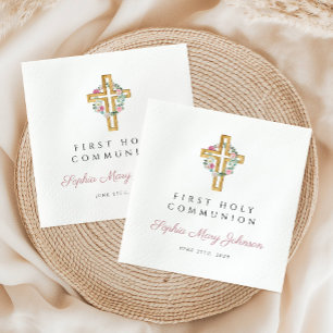 Pink Floral Wreath Girl First Communion Napkin