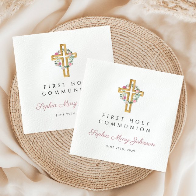 Pink Floral Wreath Girl First Communion  Napkin (Pink Floral Wreath Girl First Communion Napkins)