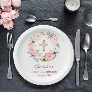 Pink floral wreath girl First Communion Paper Plate