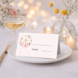 Pink floral wreath gold cross bow ribbon place card