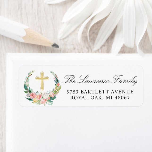 Pink Floral Wreath Gold Cross Return Address (Insitu)