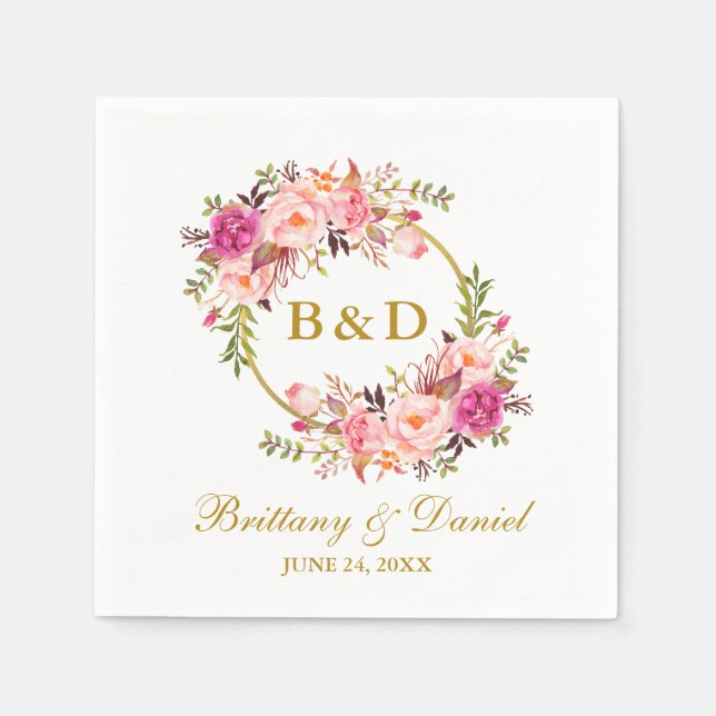 Pink Floral Wreath Gold Monogram Wedding Napkin (Front)