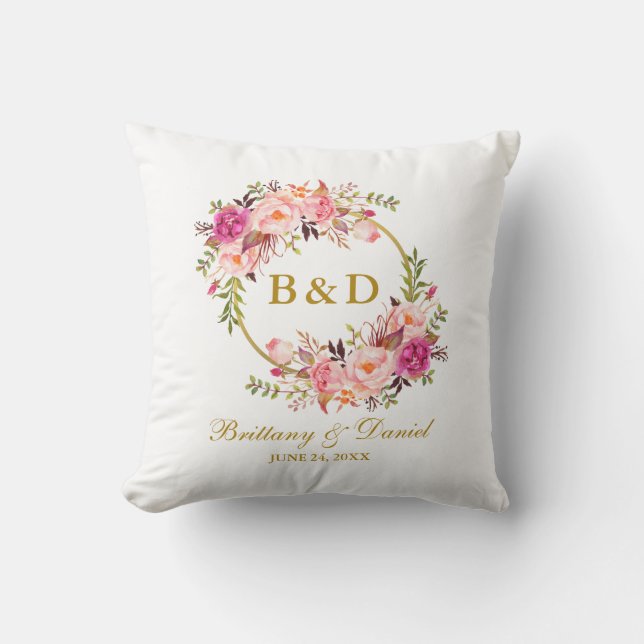 Pink Floral Wreath Gold Monogram Wedding Throw Pillow (Front)