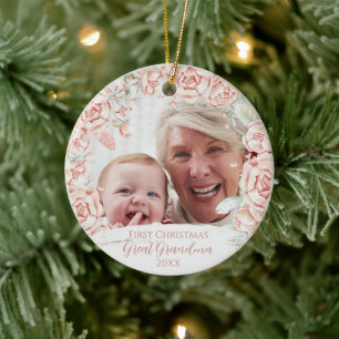 Pink Floral Wreath Great Grandma First Christmas Ceramic Ornament