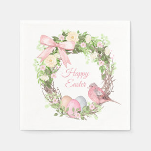 Pink Floral Wreath Happy Easter  Napkin