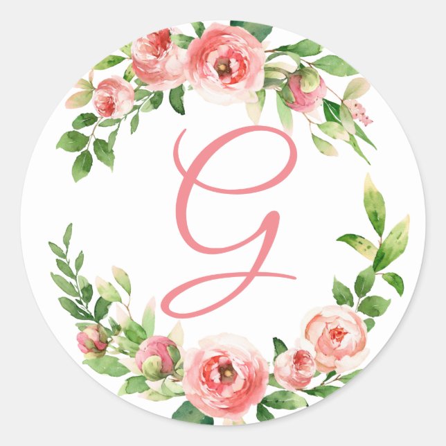Pink Floral Wreath Monogram Sticker (Front)