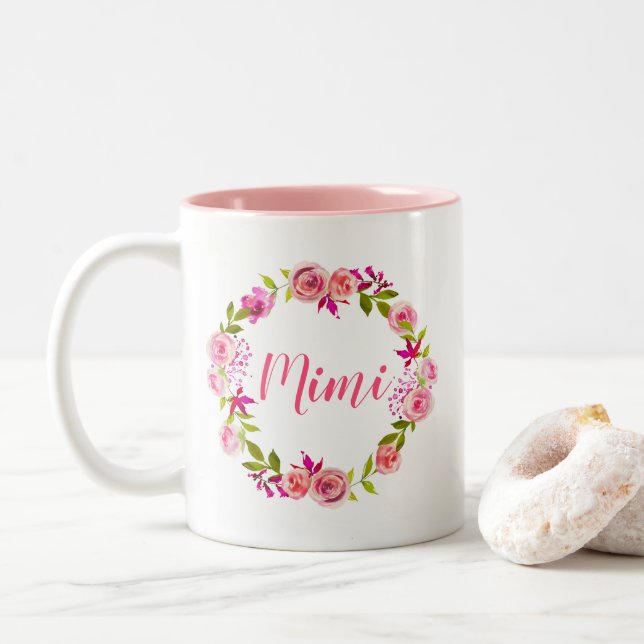 Pink Floral Wreath Mother's Day Gift for Mimi Two-Tone Coffee Mug (With Donut)