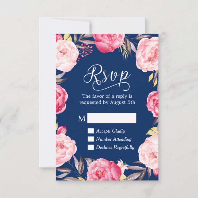 Pink Floral Wreath Navy Blue RSVP Reply Card (Front)