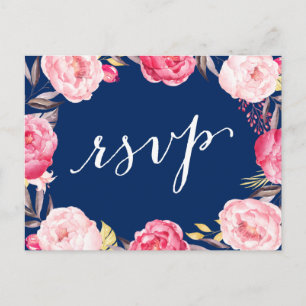 Pink Floral Wreath Navy Blue Wedding RSVP Reply Invitation Postcard