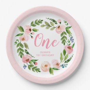 Pink Floral Wreath Peony 1st Birthday Party Paper Plate
