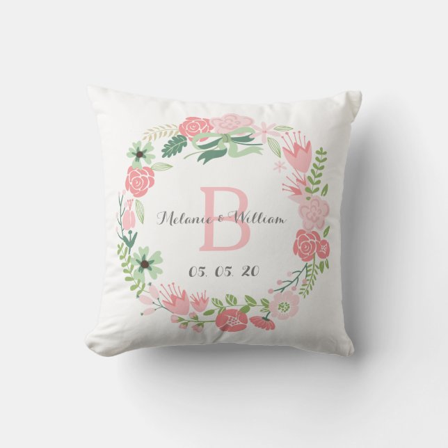 Pink Floral Wreath Personalized Wedding Pillow (Front)