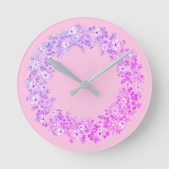 Pink Floral Wreath Round Clock (Front)