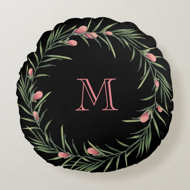 Pink Floral Wreath Round Pillow (Front)