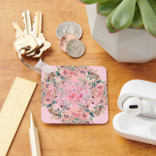Pink Floral Wreath, Soft Botanical Romance Keychain
