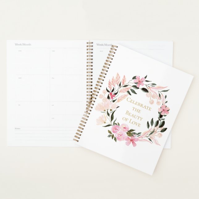 Pink Floral Wreath Spiral Notebook (Devant avec enveloppe)