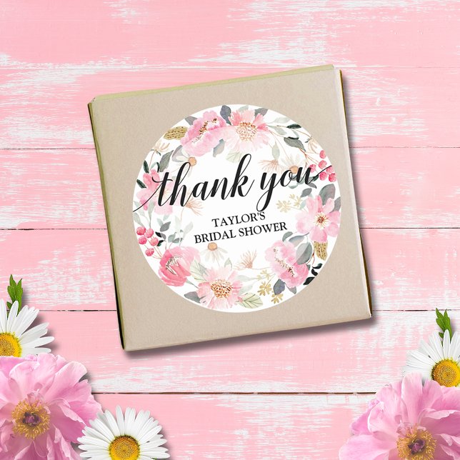 Pink Floral Wreath Thank You Classic Round Sticker (Watercolor pink flowers bridal shower thank you round 3" stickers (small size available))