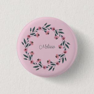 Pink Floral Wreath Watercolor Rose Wildflower 1 Inch Round Button